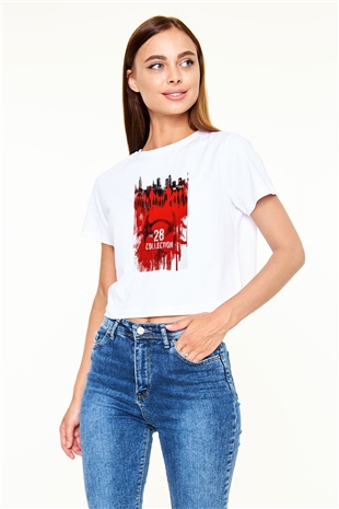 28 Days Later Baskılı Beyaz Crop Top Kadın Tişört - Tshirt