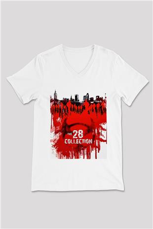 28 Days Later Baskılı Beyaz Unisex V Yaka Tişört - Tshirt