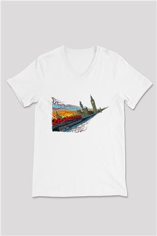 28 Days Later Baskılı Beyaz Unisex V Yaka Tişört - Tshirt