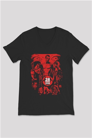 28 Days Later Baskılı Unisex Siyah V Yaka Tişört - Tshirt