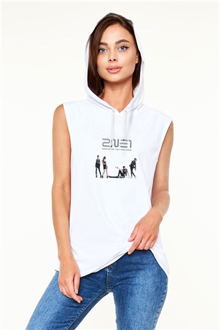 2NE1 Baskılı Unisex Beyaz Kapüşonlu Kolsuz Tişört