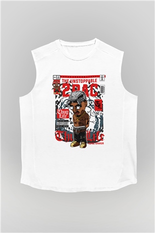 2PAC Baskılı Unisex Beyaz Kolsuz Tişört