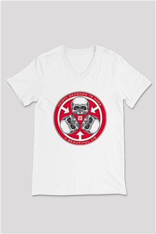 30 Seconds To Mars Baskılı Unisex Beyaz V Yaka Tişört