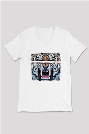 30 Seconds To Mars Baskılı Unisex Beyaz V Yaka Tişört