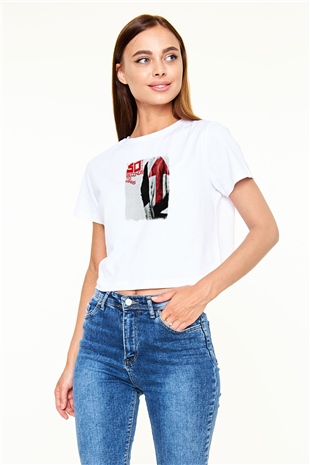 30 Seconds To Mars Baskılı Unisex Beyaz Crop Top Tişört