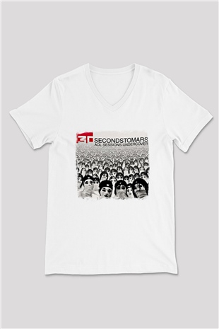 30 Seconds To Mars Baskılı Unisex Beyaz V Yaka Tişört