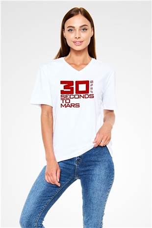 30 Seconds To Mars Baskılı Unisex Beyaz V Yaka Tişört