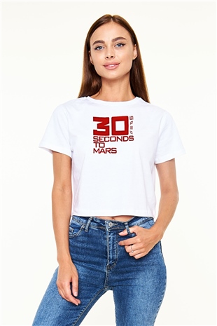 30 Seconds To Mars Baskılı Unisex Beyaz Crop Top Tişört
