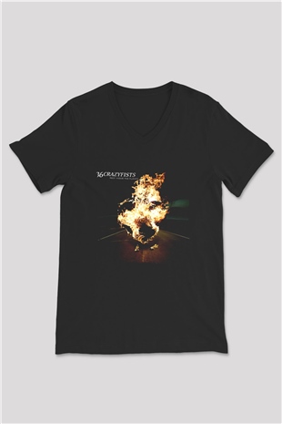 36 Crazyfists Baskılı Unisex Siyah V Yaka Tişört - Tshirt