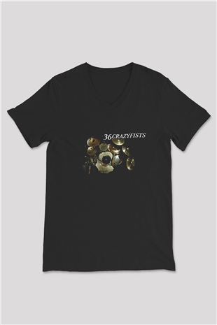 36 Crazyfists Baskılı Unisex Siyah V Yaka Tişört - Tshirt