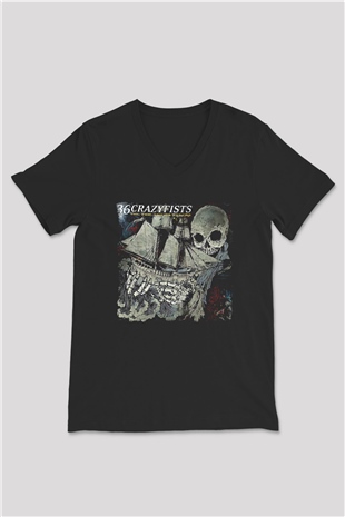 36 Crazyfists Baskılı Unisex Siyah V Yaka Tişört - Tshirt