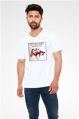 42 decibel Baskılı Unisex Beyaz V Yaka Tişört