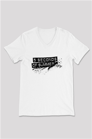 5 Seconds Of Summer Baskılı Unisex Beyaz V Yaka Tişört
