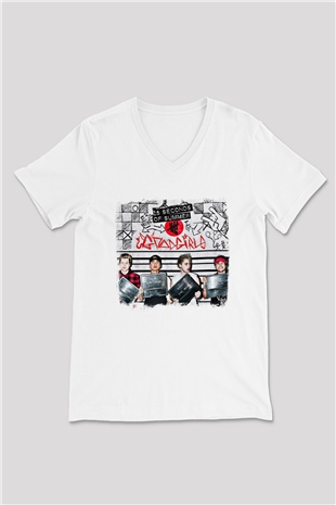 5 Seconds Of Summer Baskılı Unisex Beyaz V Yaka Tişört