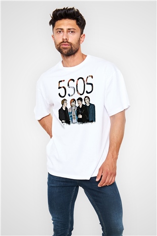5 Seconds Of Summer Baskılı Unisex Beyaz Oversize Tişört