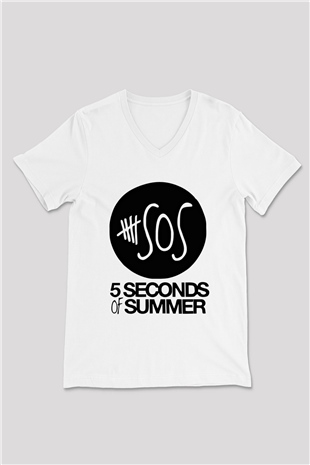 5 Seconds Of Summer Baskılı Unisex Beyaz V Yaka Tişört