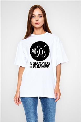5 Seconds Of Summer Baskılı Unisex Beyaz Oversize Tişört