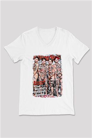 5 Seconds Of Summer Baskılı Unisex Beyaz V Yaka Tişört