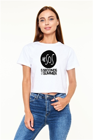 5 Seconds Of Summer Baskılı Unisex Beyaz Crop Top Tişört
