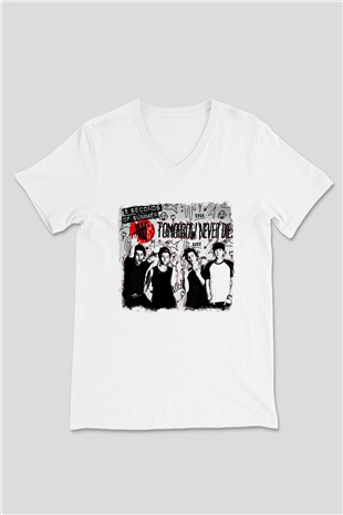 5 Seconds Of Summer Baskılı Unisex Beyaz V Yaka Tişört