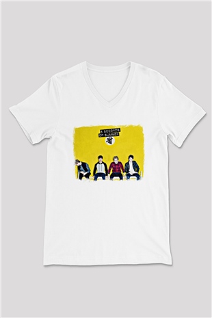 5 Seconds Of Summer Baskılı Unisex Beyaz V Yaka Tişört