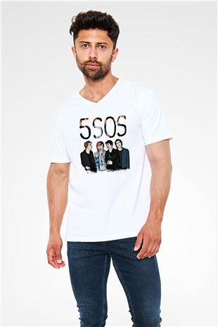 5 Seconds Of Summer Baskılı Unisex Beyaz V Yaka Tişört