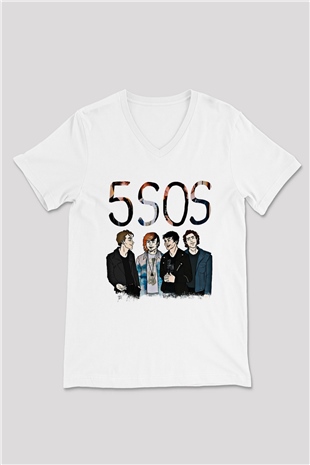 5 Seconds Of Summer Baskılı Unisex Beyaz V Yaka Tişört