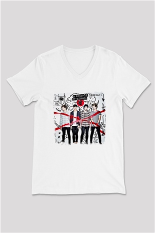 5 Seconds Of Summer Baskılı Unisex Beyaz V Yaka Tişört