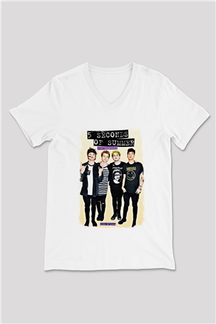 5 Seconds Of Summer Baskılı Unisex Beyaz V Yaka Tişört