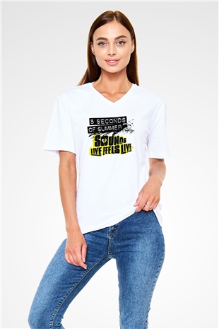 5 Seconds Of Summer Baskılı Unisex Beyaz V Yaka Tişört