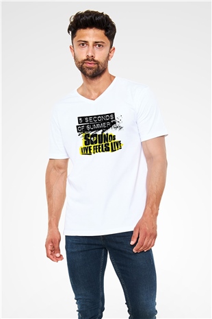 5 Seconds Of Summer Baskılı Unisex Beyaz V Yaka Tişört