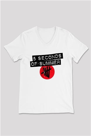 5 Seconds Of Summer Beyaz Unisex V Yaka Tişört T-Shirt