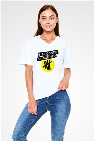 5 Seconds Of Summer Beyaz Unisex V Yaka Tişört T-Shirt