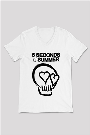 5 Seconds Of Summer Skull Logo Beyaz Unisex V Yaka Tişört T-Shirt