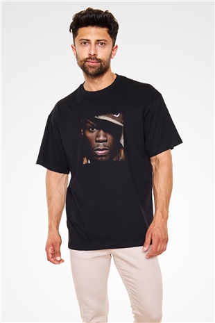 50 Cent Baskılı Unisex Oversize Siyah Tişört