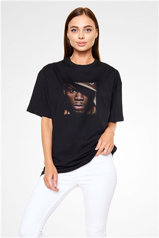 50 Cent Baskılı Unisex Oversize Siyah Tişört
