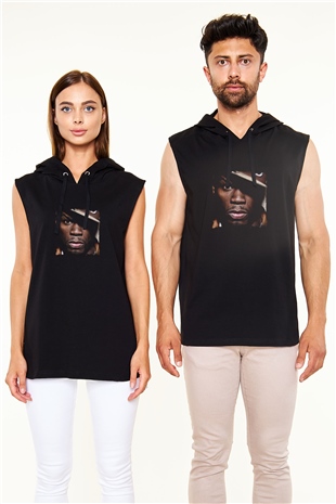 50 Cent Baskılı Unisex Siyah Kapüşonlu Kolsuz Tişört