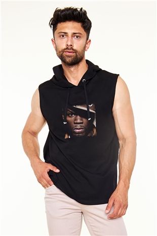 50 Cent Baskılı Unisex Siyah Kapüşonlu Kolsuz Tişört