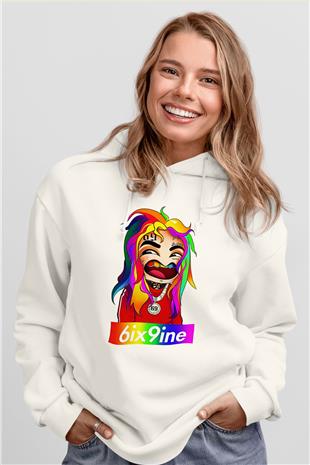 6ix9ine Baskılı Beyaz Unisex Kapüşonlu Sweatshirt