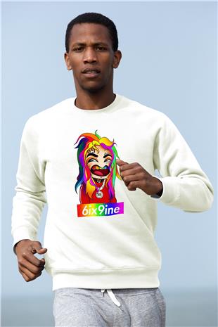 6ix9ine Baskılı Beyaz Unisex Sweatshirt