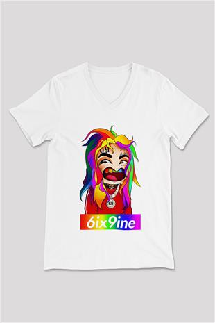 6ix9ine Baskılı Beyaz Unisex V Yaka Tişört - Tshirt