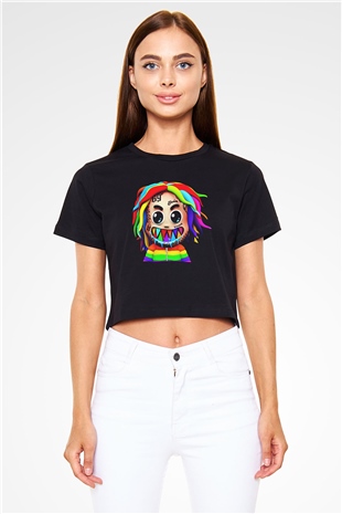 6ix9ine Baskılı Siyah Crop Top Kadın Tişört - Tshirt