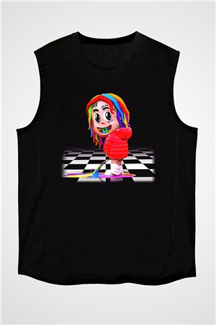 6ix9ine Baskılı Unisex Siyah Kolsuz Tişört - Tshirt