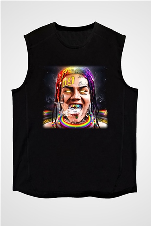 6ix9ine Baskılı Unisex Siyah Kolsuz Tişört - Tshirt
