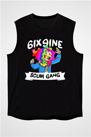 6ix9ine Baskılı Unisex Siyah Kolsuz Tişört - Tshirt