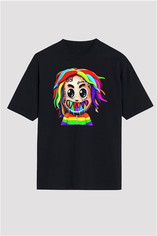 6ix9ine Baskılı Unisex Siyah Oversize Tişört - Tshirt
