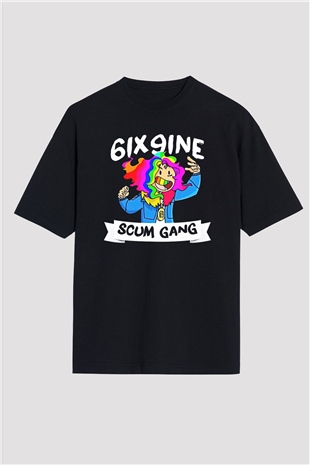 6ix9ine Baskılı Unisex Siyah Oversize Tişört - Tshirt
