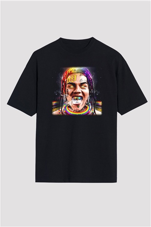 6ix9ine Baskılı Unisex Siyah Oversize Tişört - Tshirt