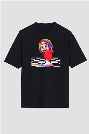 6ix9ine Baskılı Unisex Siyah Oversize Tişört - Tshirt