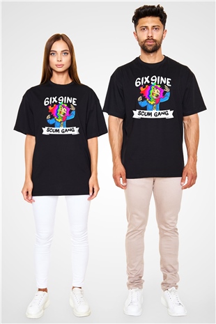 6ix9ine Baskılı Unisex Siyah Oversize Tişört - Tshirt